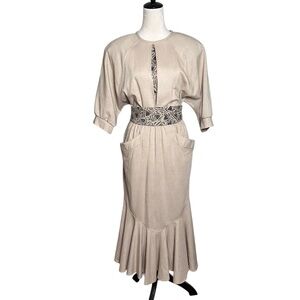 80s Vintage Choon California Khaki Dolman Sleeve Belted Midi Dress Mermaid Hem